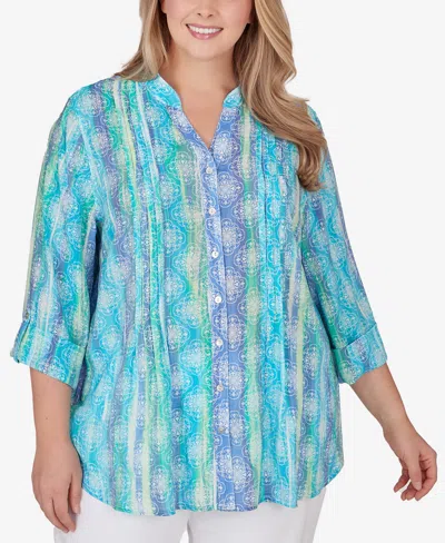 Shop Ruby Rd. Plus Size Woven Silky Gauze Stripe Button Front Top In Blue Moon Multi