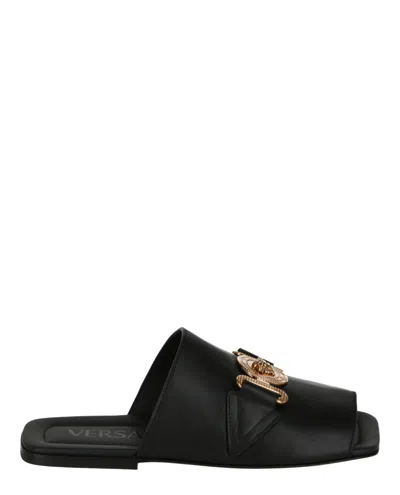 Shop Versace Medusa Biggie Leather Slide Sandals In Black