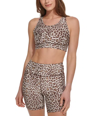 Shop Dkny Sport Women's Animal-print Low-impact Strappy Sports Bra In Natural Cheetah