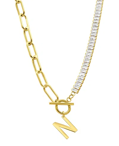 Shop Adornia 14k Gold-plated Half Crystal And Half Paperclip Initial Toggle Necklace In Gold- N