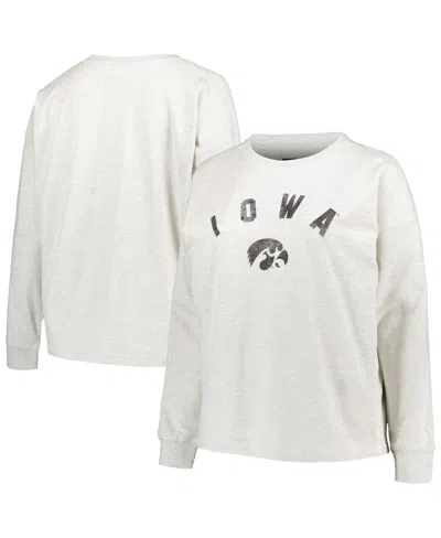 Shop Profile Women's  Oatmeal Iowa Hawkeyes Plus Size Distressed Arch Over Logo Neutral Boxy Pullover Swea