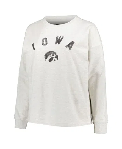 Shop Profile Women's  Oatmeal Iowa Hawkeyes Plus Size Distressed Arch Over Logo Neutral Boxy Pullover Swea