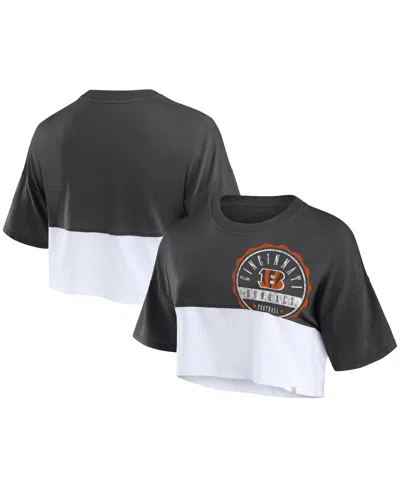 Fanatics Women's  Black, White Cincinnati Bengals Boxy Color Split Cropped T-shirt In Black,white