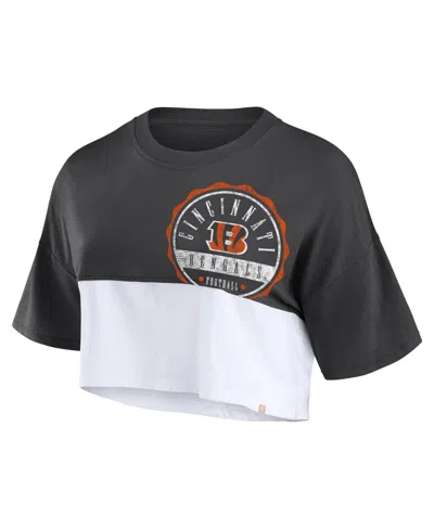 Fanatics Women's  Black, White Cincinnati Bengals Boxy Color Split Cropped T-shirt In Black,white