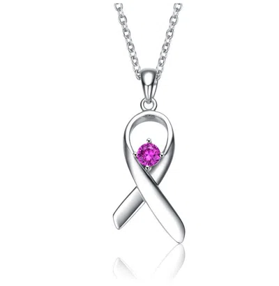Shop Rachel Glauber Teens/young Adults White Gold Plated Purple Stone In Ribbon Pendant Necklace In Pink