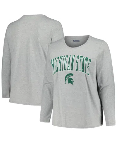 Shop Profile Women's  Heather Gray Michigan State Spartans Plus Size Arch Over Logo Scoop Neck Long Sleeve