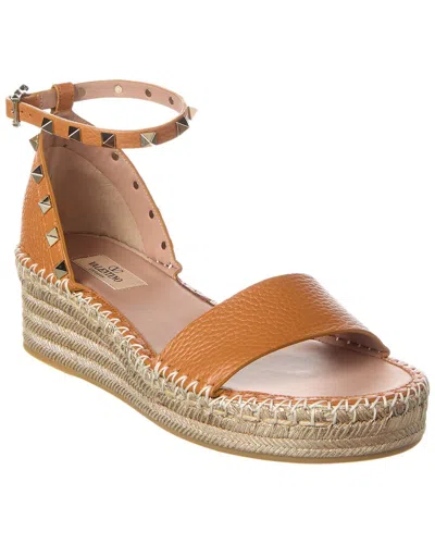 Shop Valentino Rockstud 50 Grainy Leather Wedge Sandal In Brown