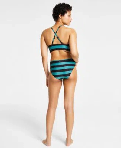 Shop Nike Womens Statement Stripe V Neck Midkini Mid Rise Bottoms In Black