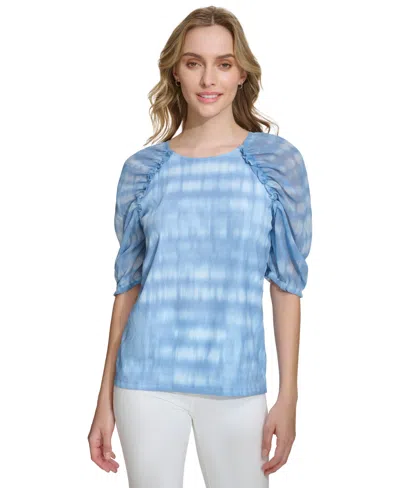 Shop Calvin Klein Women's Printed Chiffon Sleeve Top In Bayou White