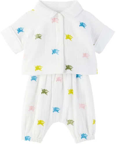 Shop Burberry Baby White Ekd Shirt & Trousers Set In Multicolour Ip Pttn
