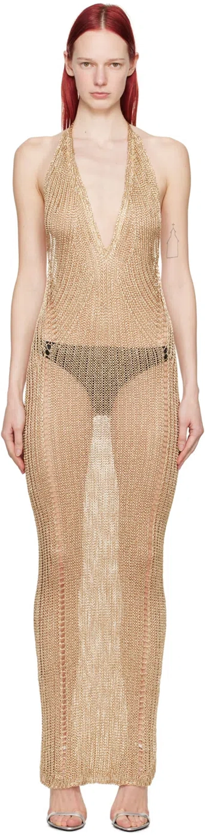 Shop Tom Ford Gold Halter Maxi Dress In By007 Pale Gold