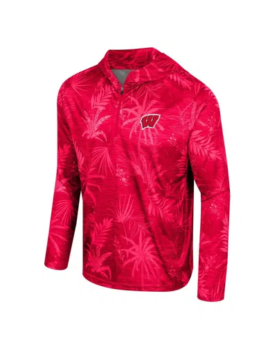 Colosseum Men's  Red Wisconsin Badgers Palms Printed Lightweight Quarter-zip Hooded Top In Red