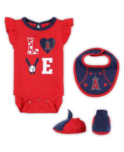 Outerstuff Newborn & Infant Red/navy Los Angeles Angels Three-piece Love Of Baseball Bib Bodysuit & Booties Set In Red,navy