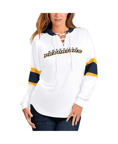 G-iii 4her By Carl Banks Women's  White, Navy Nashville Predators Goal Zone Long Sleeve Lace-up Hoodi In White,navy