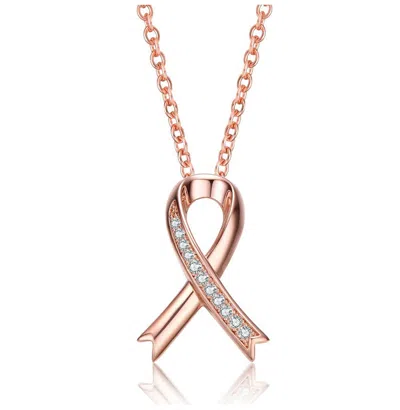 Rachel Glauber Teens/young Adults 18k Rose Gold Plated With Clear Cubic Zirconia Ribbon Pendant Necklace In Silver