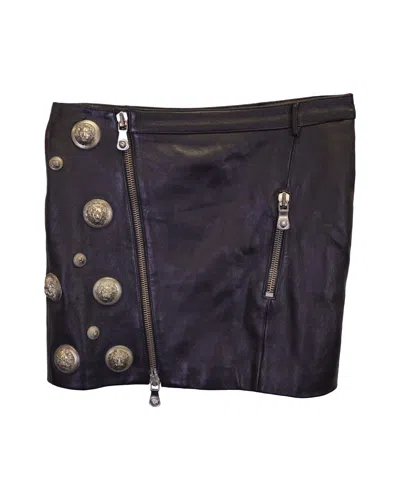 Shop Versace Versus  Lion Head Studs Zipped Skirt In Black Calfskin Leather