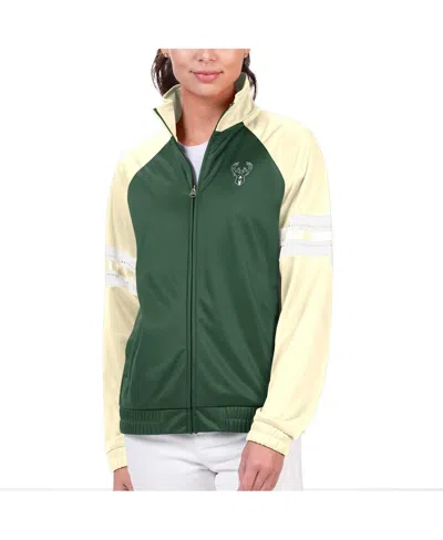 G-iii 4her By Carl Banks Hunter Green Milwaukee Bucks Main Player Raglan Rhinestone Full-zip Track J In Hunter Green