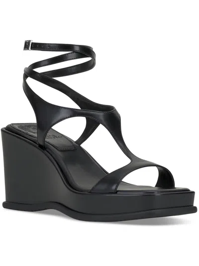 Shop Vince Camuto Fetemee Womens Leather Slip On Wedge Sandals In Black