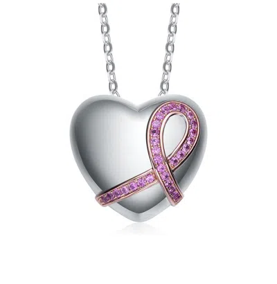 Rachel Glauber Two Tone With Pink Cubic Zirconia Heart Pendant Necklace In Pink