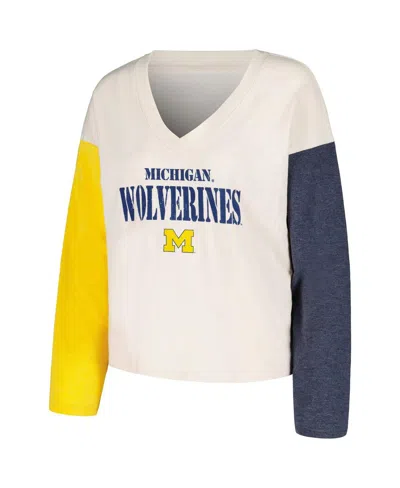 Shop Wes & Willy Women's  Cream Distressed Michigan Wolverines Colorblock Tri-blend Long Sleeve V-neck T-s