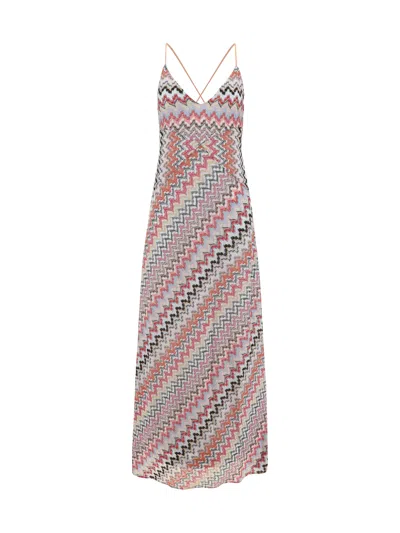 Shop Missoni Long Dress In Pink Wht Tone Multic