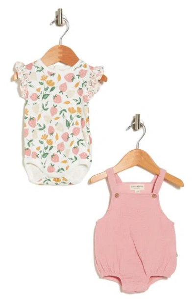 Shop Rabbit And Bear Organic Strawberry Bodysuit & Bubble Overalls Set In Strawberry Collection