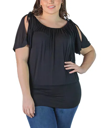 Shop 24seven Comfort Apparel Plus Size Short Sleeve Split Shoulder Top In Black