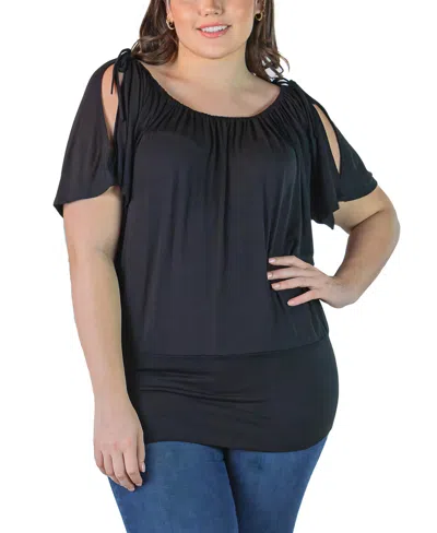 24seven Comfort Apparel Plus Size Short Sleeve Split Shoulder Top In Black