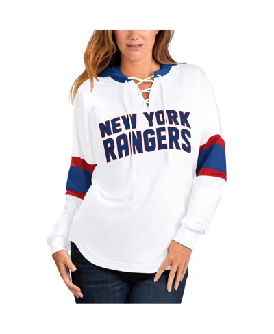 G-iii 4her By Carl Banks Women's  White, Blue New York Rangers Goal Zone Long Sleeve Lace-up Hoodie T In White,blue