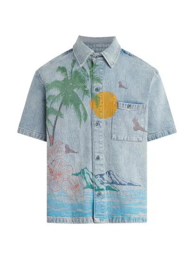 Shop Hudson Men's Printed Short-sleeve Denim Shirt In Indigo Palm