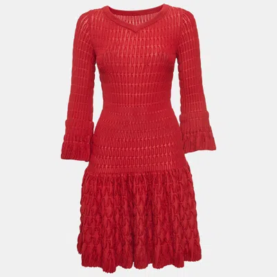 Pre-owned Alaïa Red Chenille Wool Patterned Long Sleeve Skater Dress M