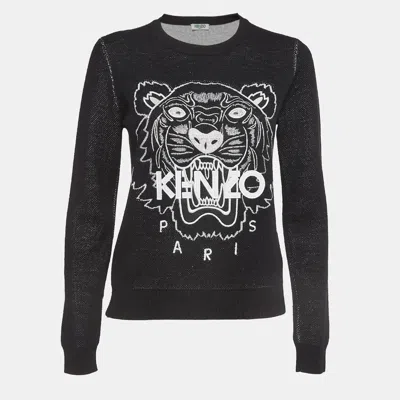 Pre-owned Kenzo Black Tiger Logo Embroidered Wool Blend Crew Neck Sweater S