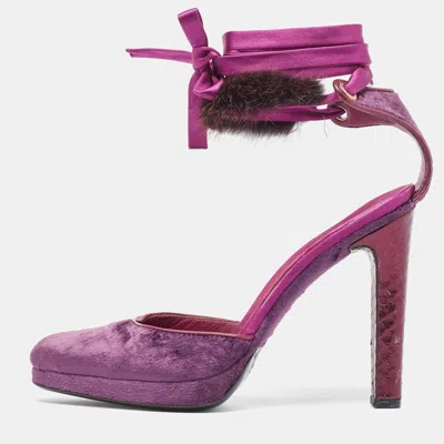 Pre-owned Gucci Purple Velvet And Python Embossed Ankle Wrap Pumps Size 37