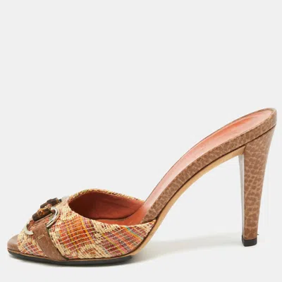 Pre-owned Gucci Brown Raffia Horsebit Slide Sandals Size 37