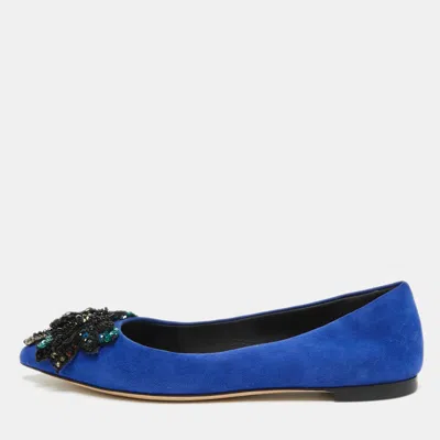 Pre-owned Giuseppe Zanotti Blue Suede Crystal Embellished Ballet Flats 36
