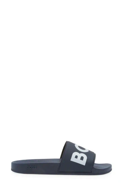 Hugo Boss Italian-made Slides With Raised Logo In Navy