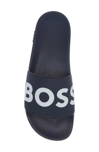 Hugo Boss Italian-made Slides With Raised Logo In Navy