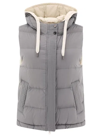 Shop Brunello Cucinelli Nylon Down Vest With Hood And Shiny Trim In Grey