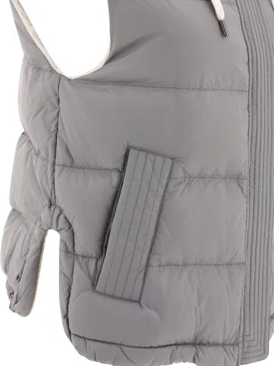 Shop Brunello Cucinelli Nylon Down Vest With Hood And Shiny Trim In Grey