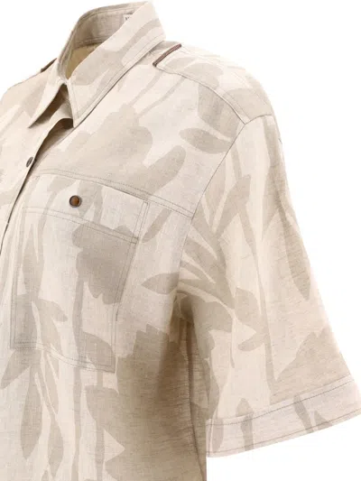 Shop Brunello Cucinelli Ramage Print Lessivé Linen Shirt With Shiny Tabs In Beige