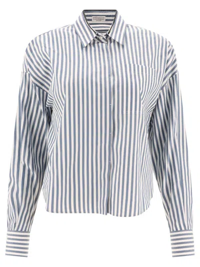 Shop Brunello Cucinelli Striped Shirt With Shiny Collar In Blue