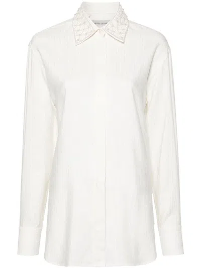 Shop Golden Goose Long-sleeved Silk Shirt With Pearls In White