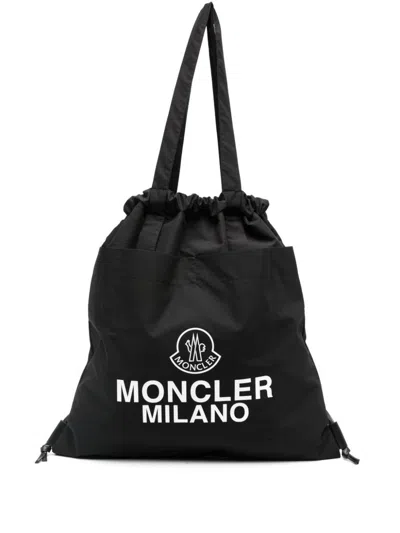 Shop Moncler Cotton Tote Bag With Drawstring Aq In Black