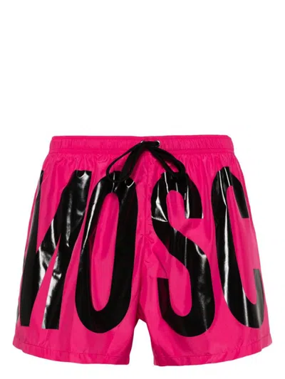 Shop Moschino Swim Shorts With Logo And Drawstring In Fuchsia