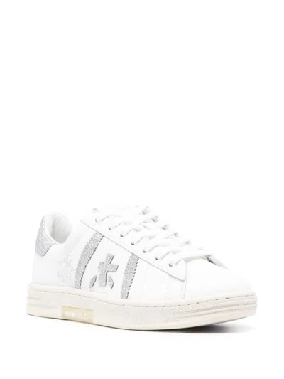 Shop Premiata Russell 6824 Leather Sneakers With Crepe Sole In Bianco E Argento