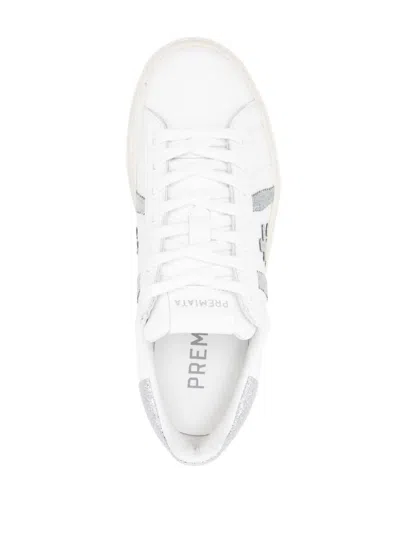 Shop Premiata Russell 6824 Leather Sneakers With Crepe Sole In Bianco E Argento