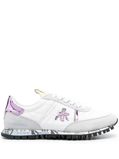 Shop Premiata Seand 6705 Leather Blend Sneakers With Logo In Bianco E Rosa
