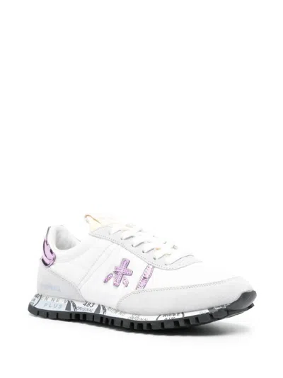 Shop Premiata Seand 6705 Leather Blend Sneakers With Logo In Bianco E Rosa