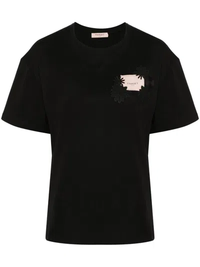 Shop Twinset Cotton T-shirt With Oval T Floral Logo In Black