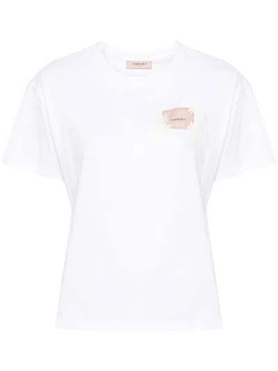 Shop Twinset Cotton T-shirt With Oval T Floral Logo In White